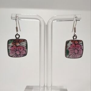 Vintage Ming Dynasty Pink Floral Porcelain Sterling Silver Fishhook Earrings